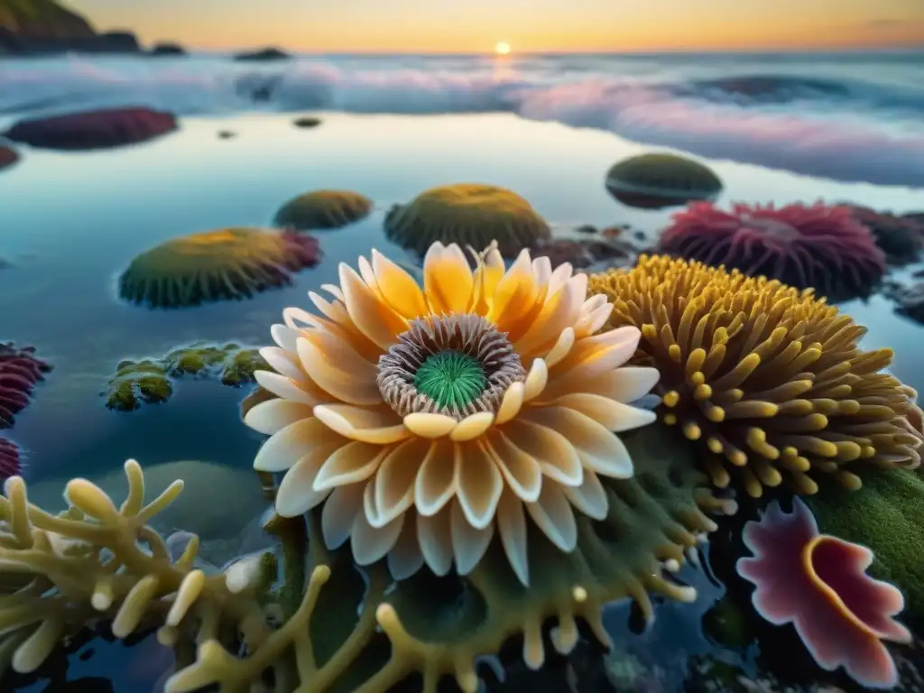 Ecosistema costero al amanecer: anémonas, peces y algas en 8k Maravillosa vida costera en un pozo de marea al amanecer, con anémonas de mar y peces bajo el agua cristalina