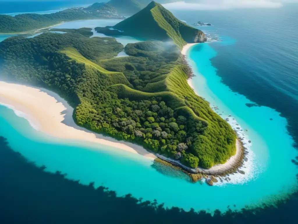 Costa sostenible: armonía natural y desarrollo moderno Maravillosa vista aérea de una costa exuberante con restauración de propiedades costeras sostenible