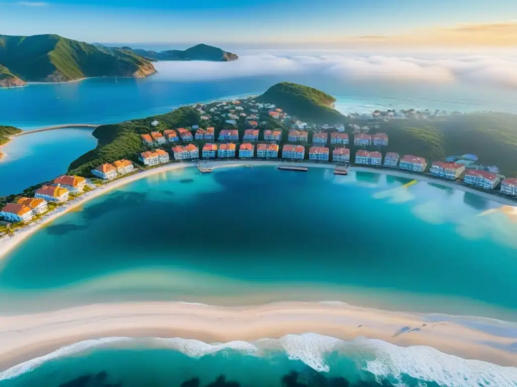 Arquitectura costera: perfecta armonía entre urbanización y naturaleza Maravillosa vista aérea de un pueblo costero con diversidad de propiedades, reflejando la normativa zonificación propiedades costeras