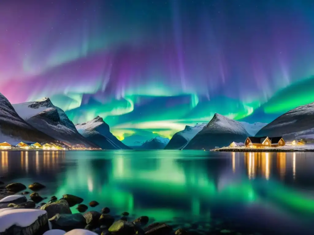 Espectacular Aurora Boreal sobre fiordo noruego Maravillosas Auroras Boreales danzan sobre la costa de Noruega en una noche mágica