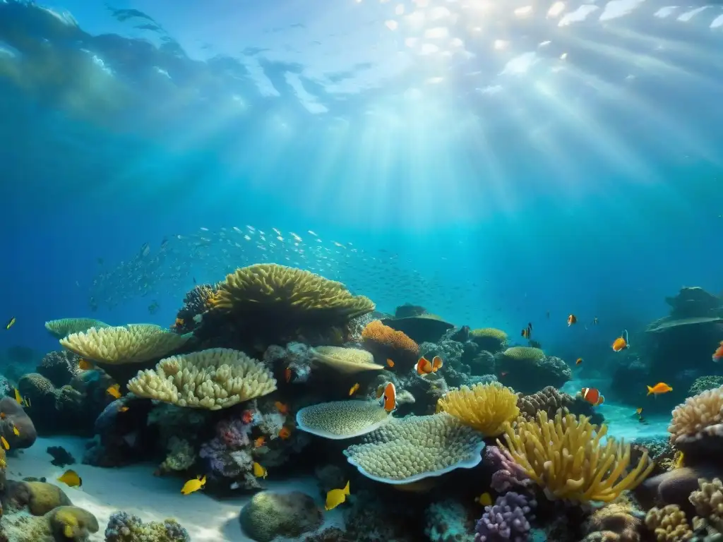 Arrecife de coral vibrante: belleza submarina en 8k Maravilloso arrecife de coral lleno de vida marina bajo el mar, ideal para propiedades costeras de lujo