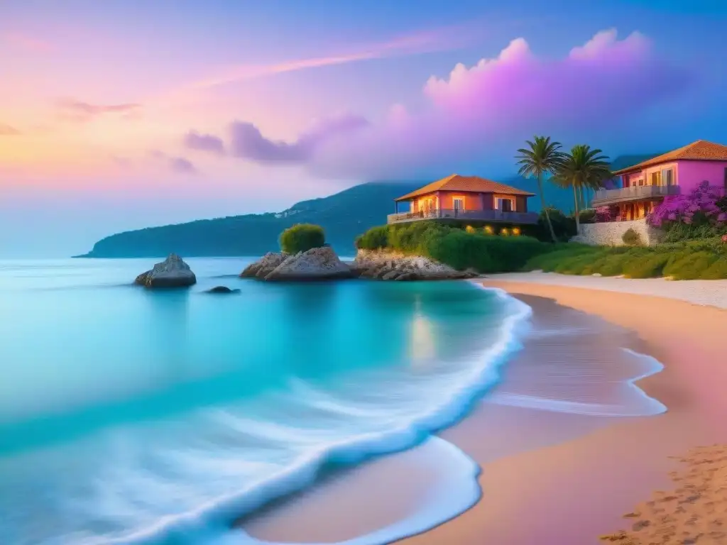 Puesta de sol vibrante en el Mediterráneo: villas junto al mar Maravilloso atardecer sobre el mar Mediterráneo, iluminando villas frente a la playa con palmeras
