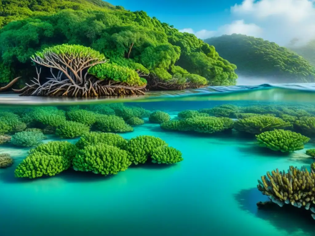 Maravillosa biodiversidad marina y manglares en armonía Maravilloso ecosistema costero: arrecife de coral vibrante, aves en manglar verde
