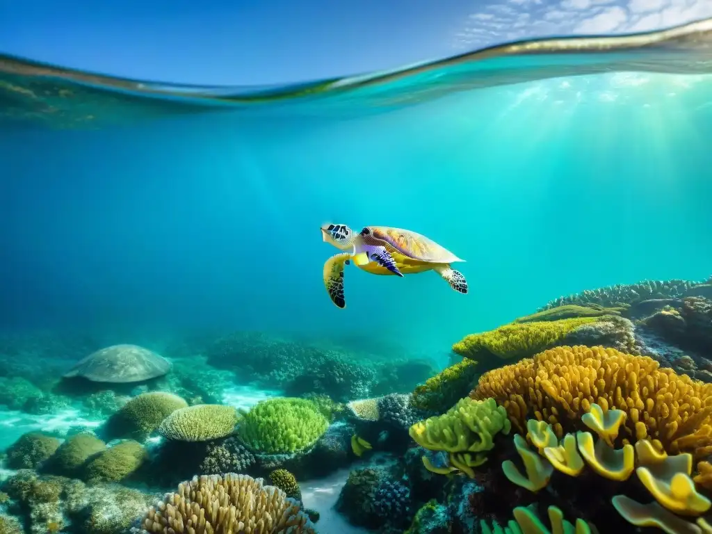 Ecosistema marino vibrante y diverso: coral, peces y tortugas Maravilloso ecosistema costero diverso con arrecifes de coral, peces coloridos, tortugas marinas y bosques de manglares