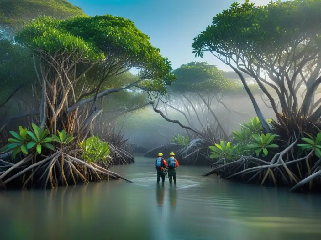 Equipo de biólogos marinos en acción en manglar costero Maravilloso equipo de biólogos marinos midiendo impacto del cambio climático en manglares