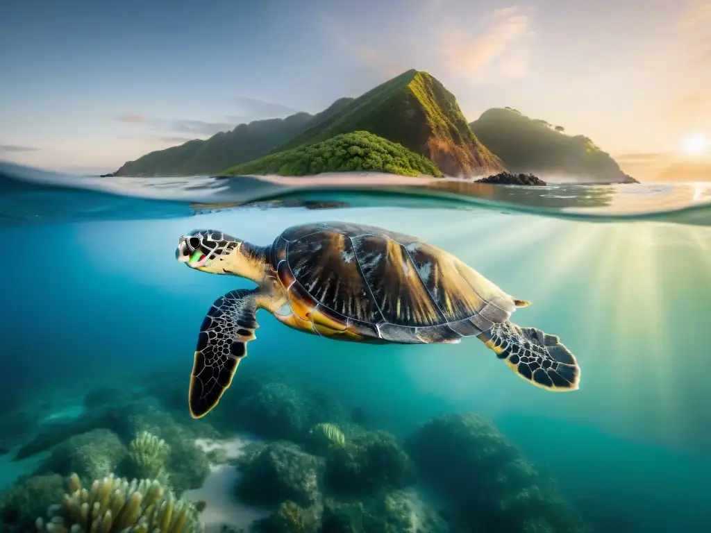 Equipo de biólogos marinos protegiendo tortugas marinas al atardecer Maravilloso equipo de biólogos marinos en acción, etiquetando una tortuga marina al atardecer en aguas costeras