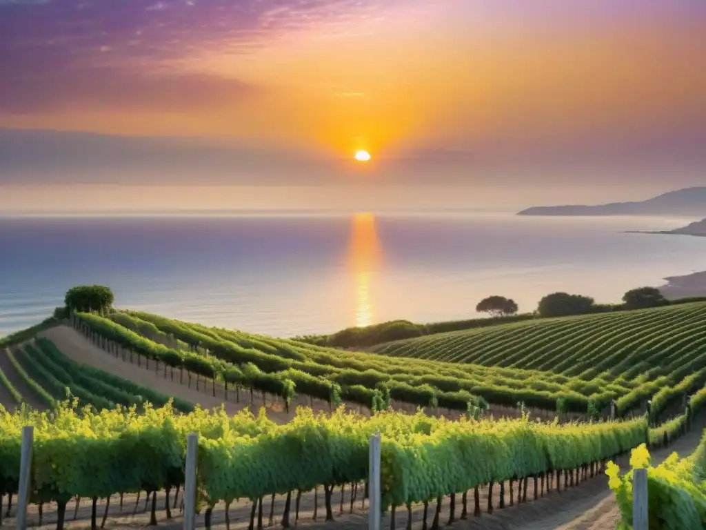 Atardecer vibrante sobre viñedo costero Maravilloso maridaje de vinos y vistas mar: atardecer vibrante sobre el océano con viñedo costero al fondo