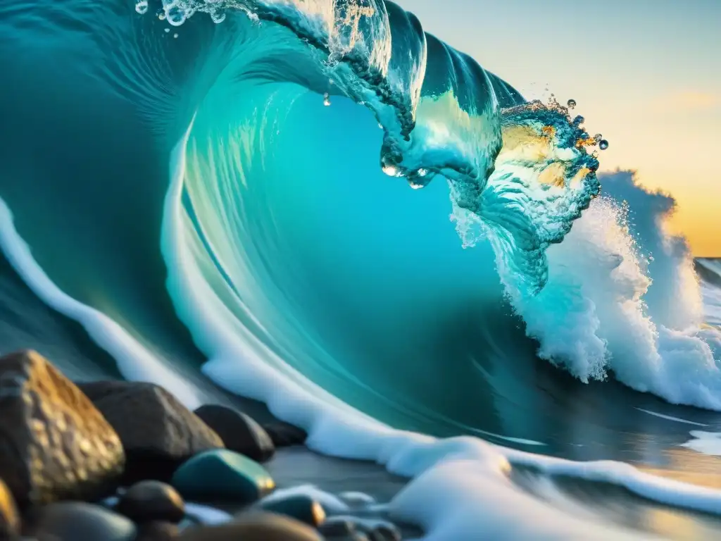 Ola cristalina impactante: poder y belleza marina Un maremoto cristalino choca contra la costa rocosa, mostrando la belleza y fuerza del mar