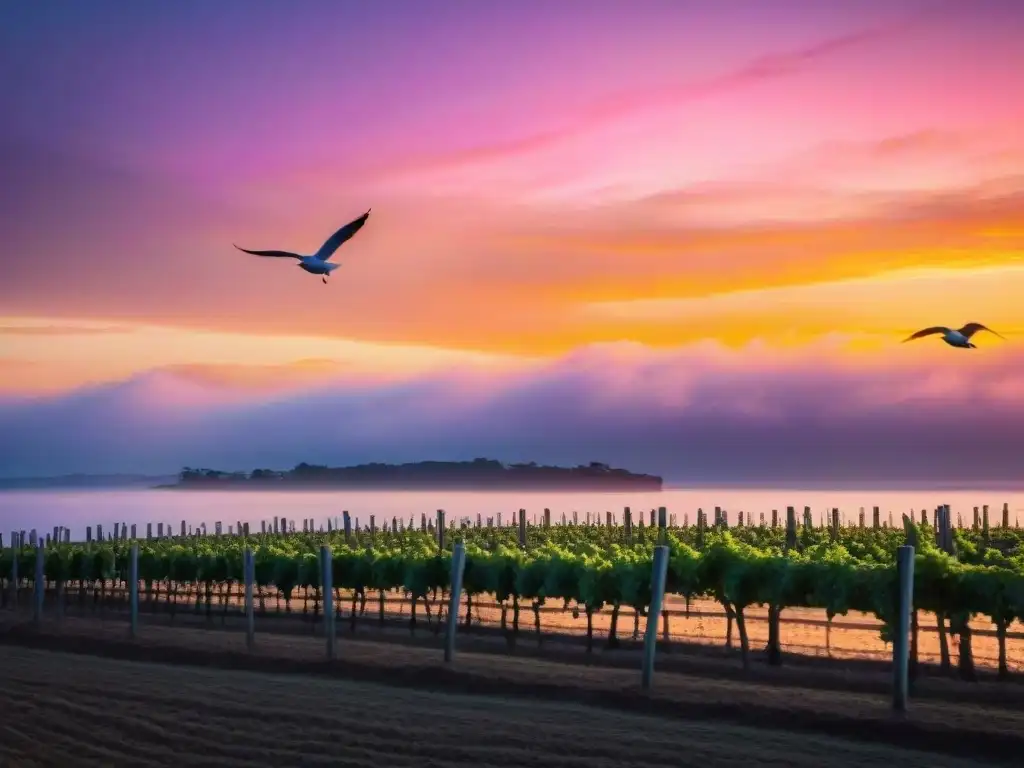 Puesta de sol dorada sobre viñedo en el mar Maridaje vinos y vistas mar: Atardecer dorado sobre el mar, viñedo en silueta, gaviotas y cielo rosado