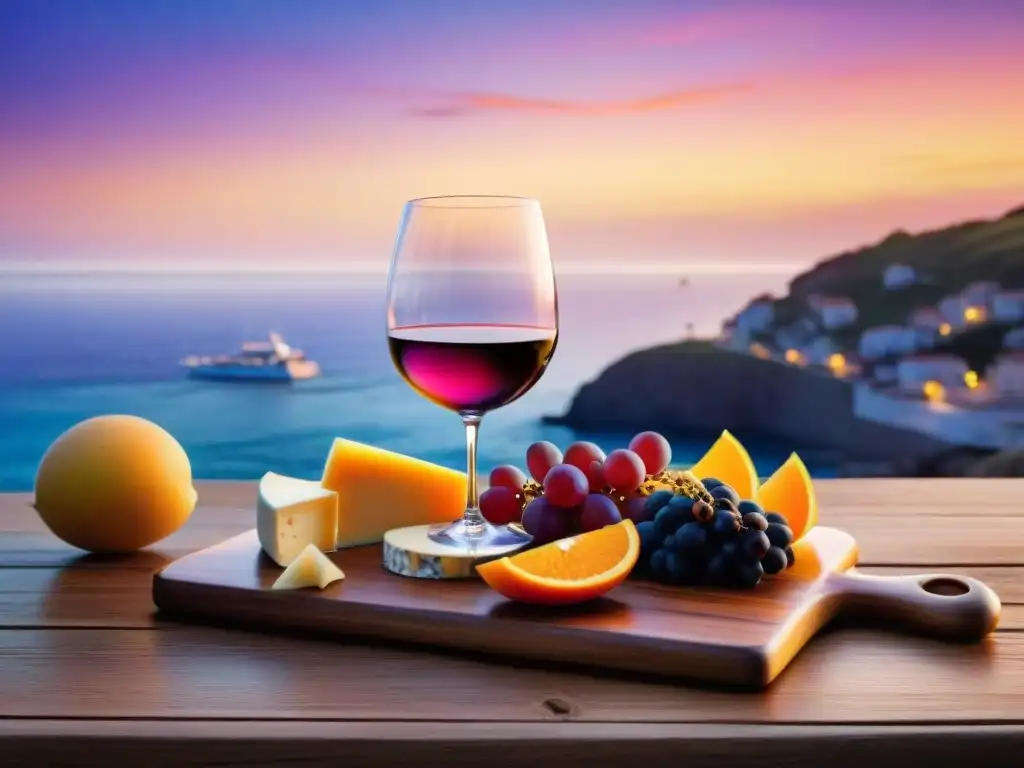 Atardecer sereno con copa de vino y tabla de quesos Maridaje de vinos y vistas al mar al atardecer con tabla de quesos y frutas en una mesa rústica de madera frente al océano calmado
