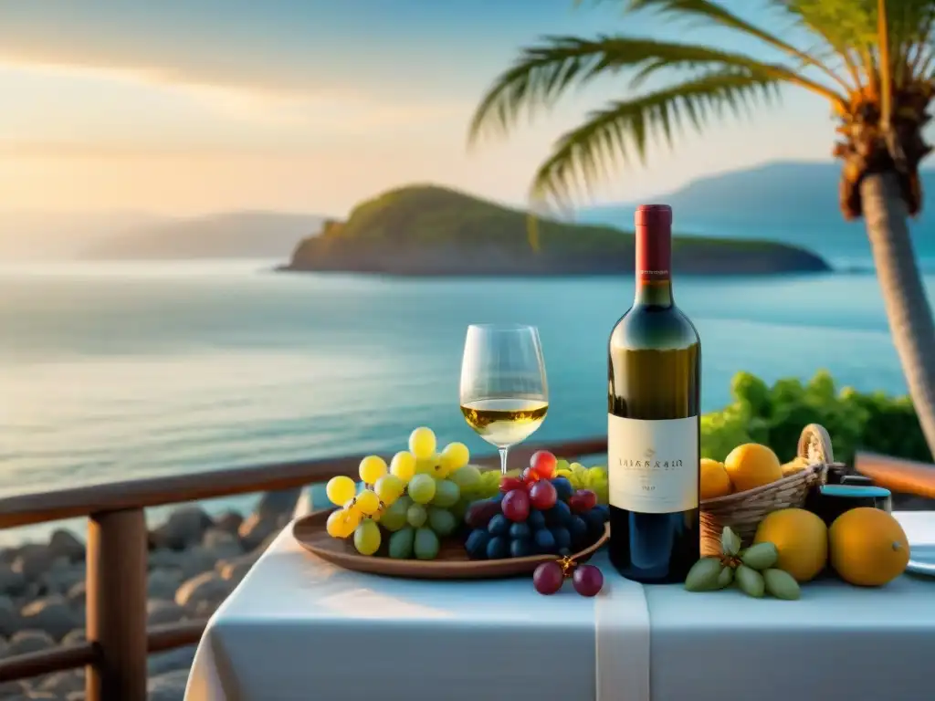 Exquisita velada de vinos al atardecer en el paraíso marino Maridaje de vinos y vistas al mar en atardecer sereno con mesa de madera, copas, frutas frescas y botellas exquisitas