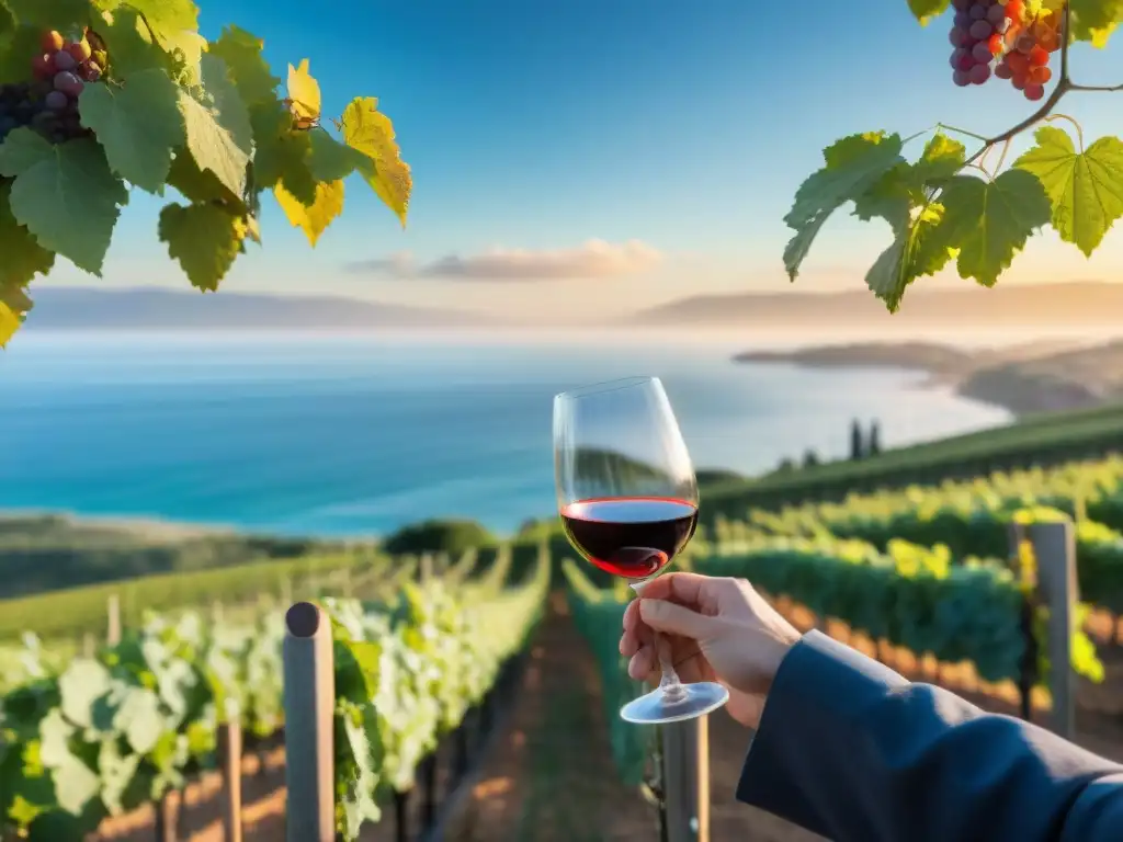 Viñedo costero al atardecer: degustación de vino frente al mar Maridaje de vinos y vistas mar: experto sirve vino tinto en viñedo costero al atardecer, con el mar de fondo