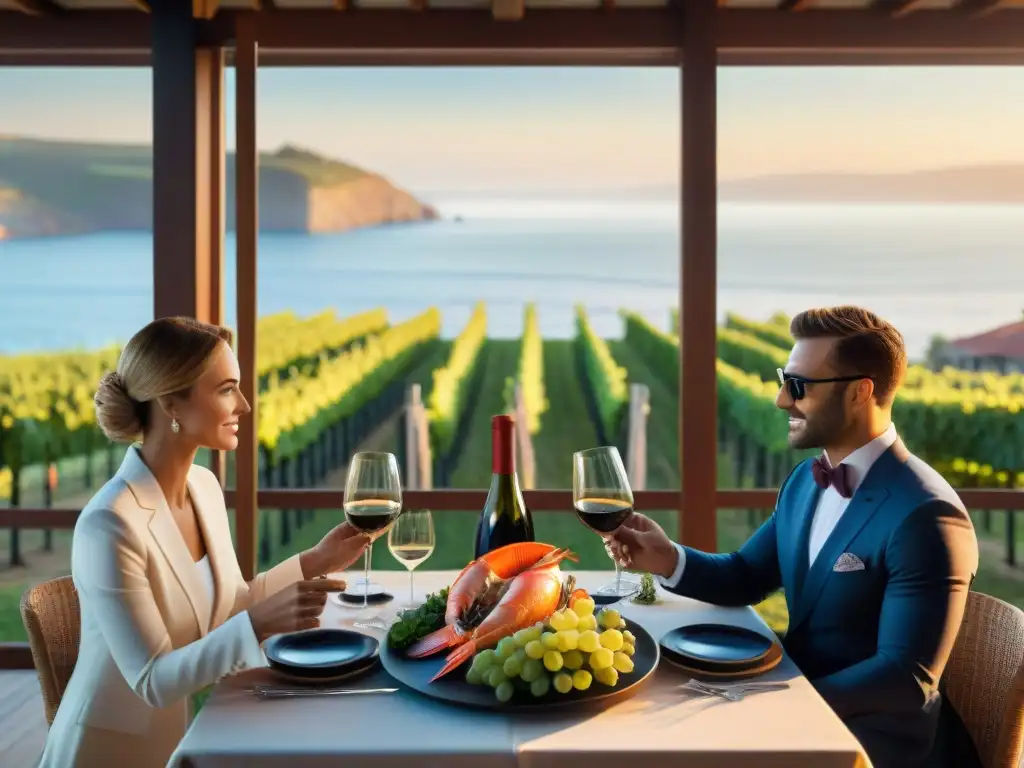 Viñedo costero al atardecer: maridaje perfecto Maridaje vinos mariscos costa: Bodega costera al atardecer con viñedos, mar y sommeliers disfrutando vino y mariscos
