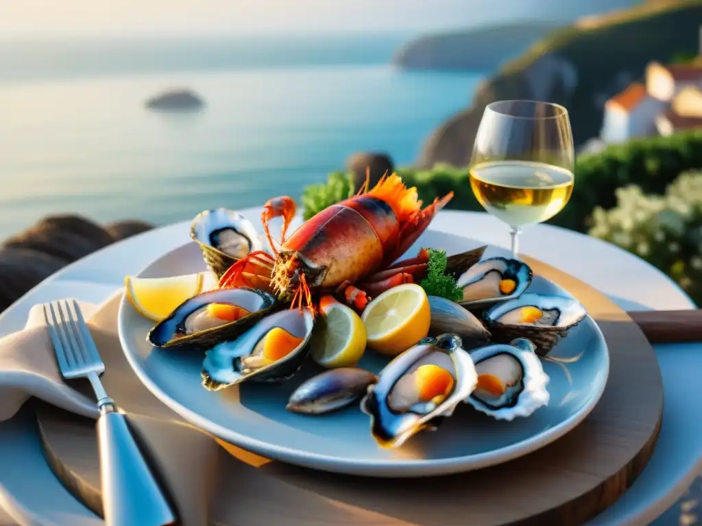 Exquisita cena en la costa al atardecer con vinos y mariscos frescos Maridaje vinos mariscos costa en mesa de madera con puesta de sol y mariscos frescos