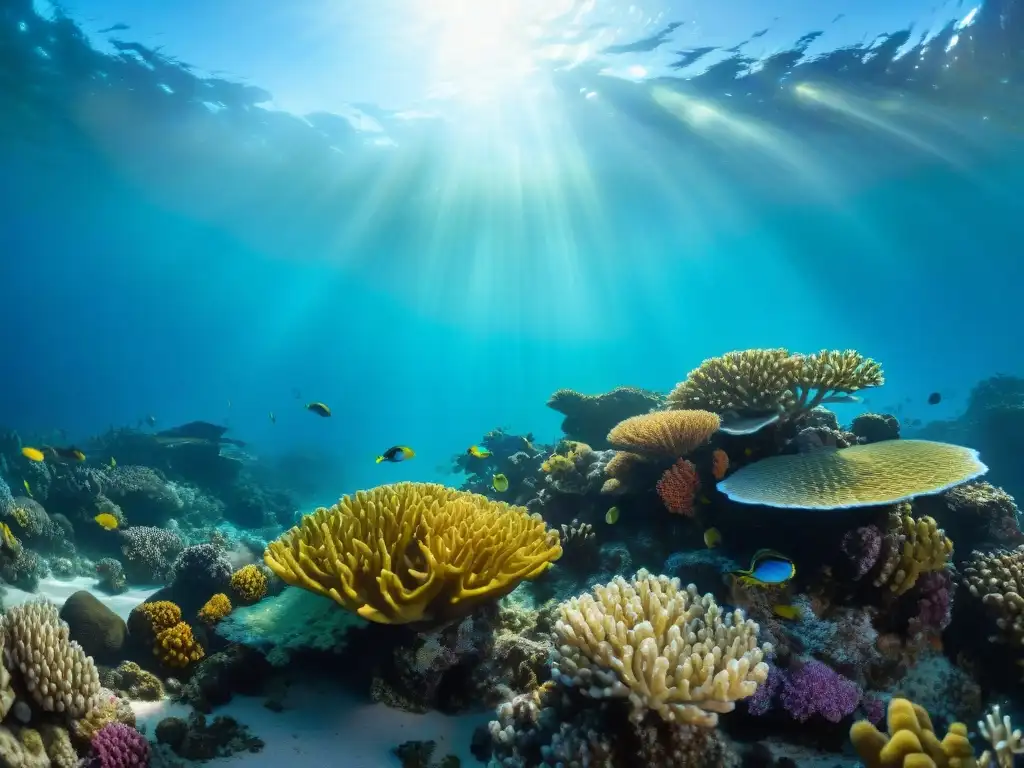 Arrecife de coral vibrante: belleza submarina EcoResorts protección vida marina: Arrecife de coral vibrante con vida submarina diversa y colorida, transmitiendo tranquilidad
