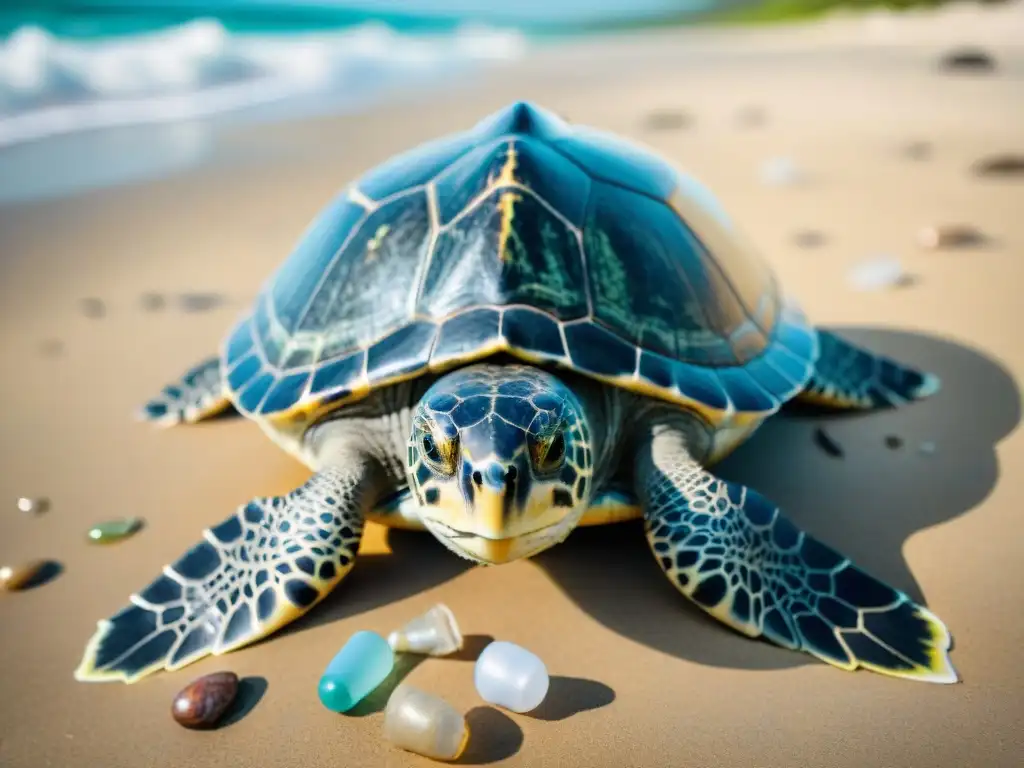 Triste realidad: Tortuga marina atrapada en plástico en playa contaminada Tortuga marina atrapada en residuos plásticos en destinos costeros