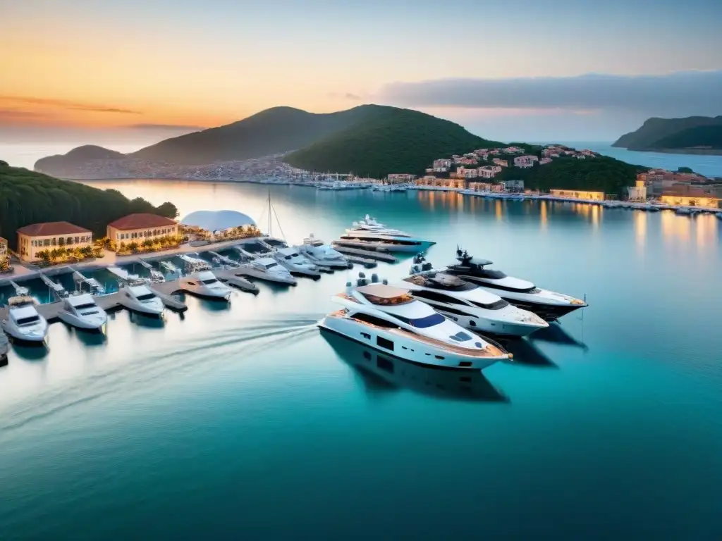 Marina exclusiva al atardecer: lujo y potencial Una marina privada lujosa al atardecer, reflejando sofisticación y exclusividad