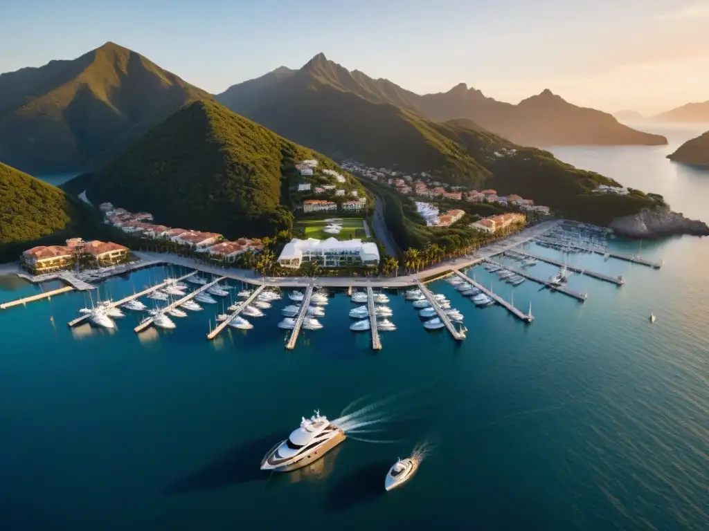Marina de lujo al atardecer: yates, exclusividad y opulencia Inversión en marinas privadas rentable: Espléndida marina privada al atardecer con yates de lujo y palmeras