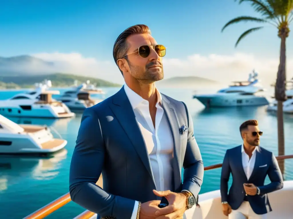 Inversores exitosos en marina exclusiva Inversión en marinas privadas rentable: Exitosos inversores disfrutan de exclusividad y lujo en un puerto privado soleado y activo