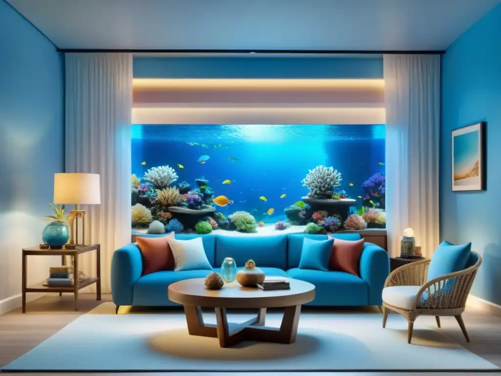 Salón marino: oasis de tranquilidad con acuario y decoración náutica Decoración oasis marino en sala de estar con acuario, peces coloridos y ambiente tranquilo