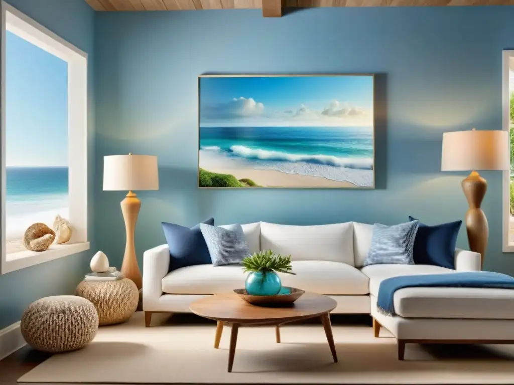 Serenidad costera en sala decorada con tonos arena y elementos marinos Decoración oasis marino sala estar: sala de estar costera serena con tonos arenosos y elementos inspirados en el mar