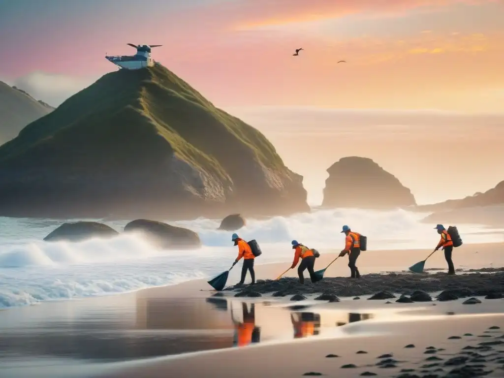 Equipo de biólogos marinos en acción: limpieza de playa al amanecer Marinos comprometidos en limpieza de playa al amanecer