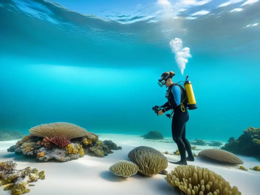 Marine biólogos en acción: Investigación costera con tecnología innovadora Marinos investigando la vida marina en una playa hermosa, destacando el turismo costero sostenible y las innovaciones tecnológicas