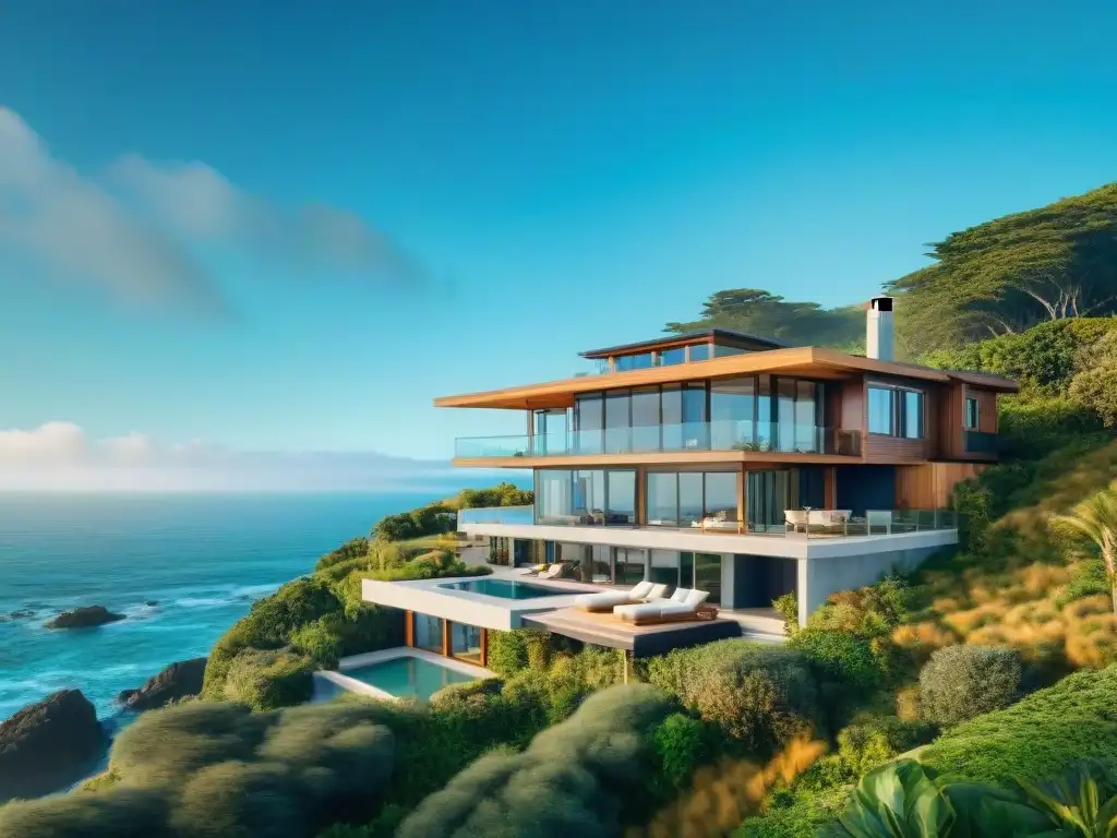 Hogar sostenible en la costa: diseño moderno y ecoamigable Materiales sostenibles en hogar costero con diseño contemporáneo y vistas al mar