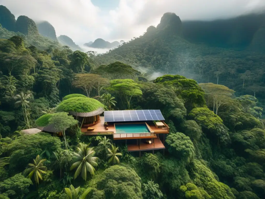 Paraíso sostenible: ecoresort en la selva tropical Mejores EcoResorts Desintoxicación Digital: Vista aérea de ecoresort sostenible en la selva, con yoga frente al río y paneles solares