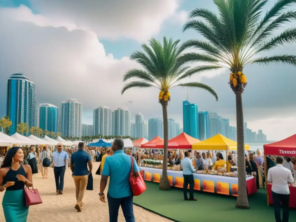 Feria inmobiliaria costera: Comunidad y oportunidad en acción Mejores ferias inmobiliarias en la costa: energía y emoción de un evento comunitario con oportunidades, gente diversa y edificios modernos al fondo