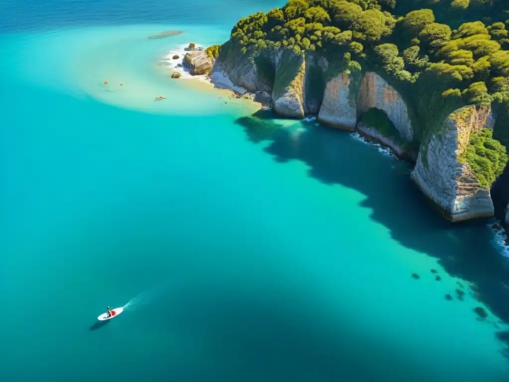 Paraíso del paddle surf: surfistas en acción Mejores lugares paddle surf costeros: Vista aérea impresionante de surfistas surcando aguas turquesas en una costa vibrante