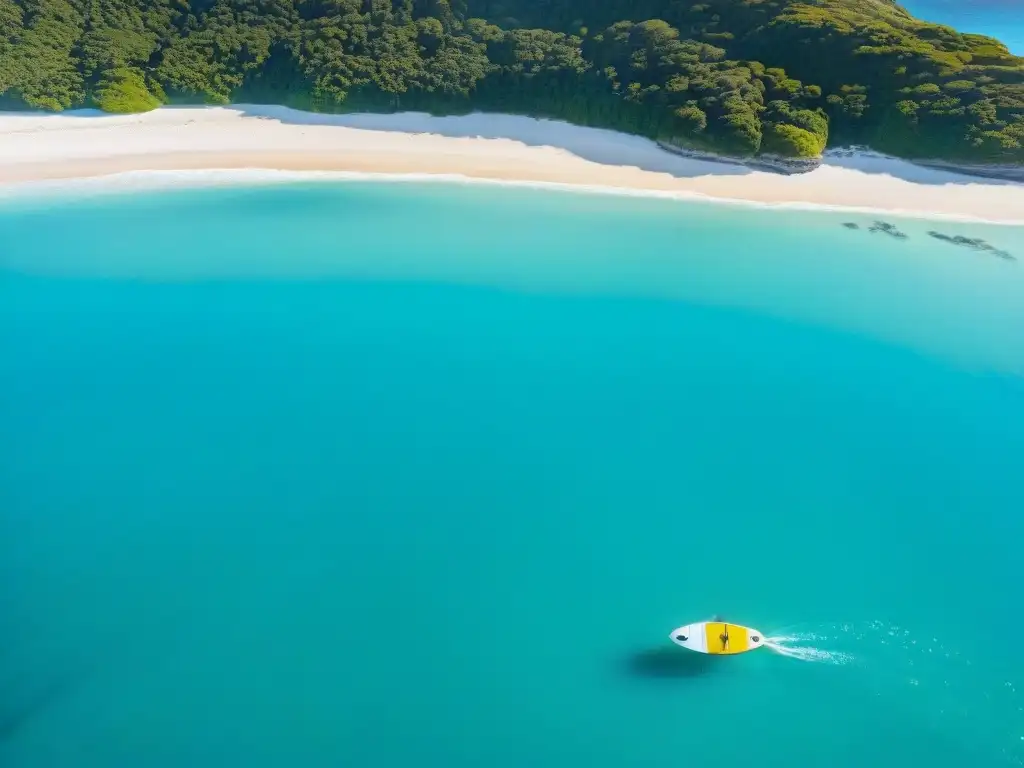 Paisaje costero paradisíaco: paddleboards coloridos listos para la aventura Mejores lugares paddle surf costeros: Vista aérea impresionante de costa serena con aguas turquesas, paddleboards coloridos en la orilla