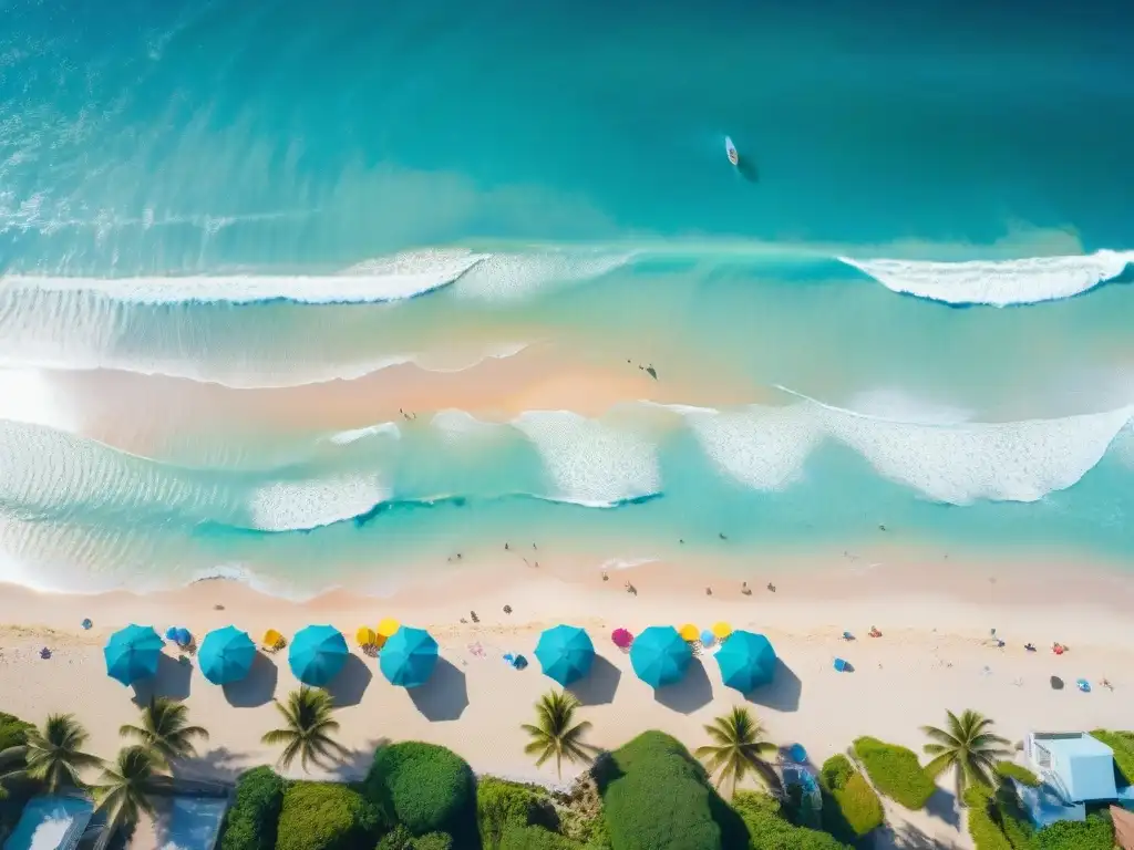 Paraíso costero: alquileres vacacionales frente al mar Las mejores propiedades costeras alquiler vacacional en un pueblo costero pintoresco con sombrillas coloridas en la playa