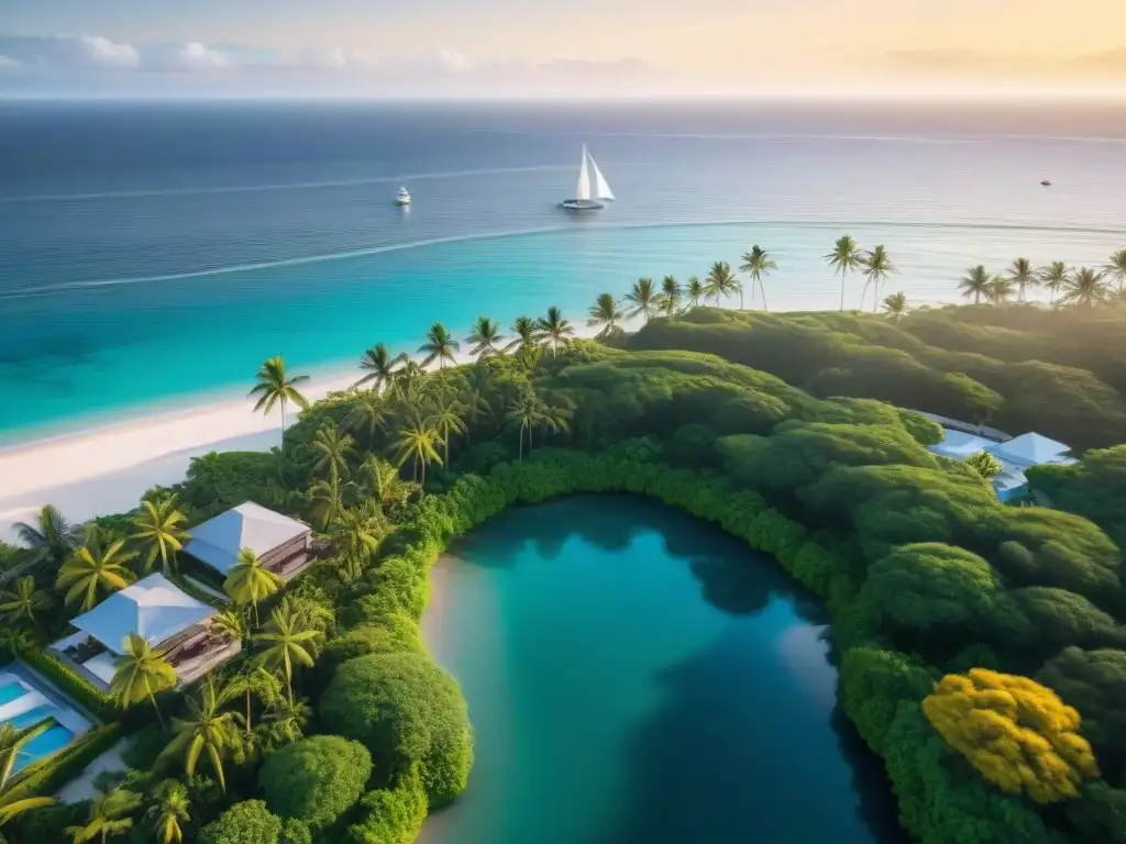 Espléndida ciudad costera al atardecer: lujo y naturaleza Mejores propiedades costeras para invertir: Ciudad costera vibrante al atardecer con arquitectura moderna y playas prístinas