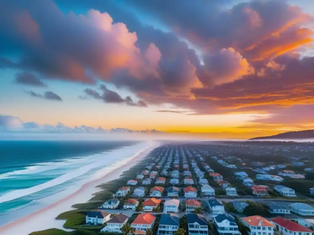 Horizonte costero al atardecer: lujo y vulnerabilidad Las mejores propiedades costeras se funden con la puesta de sol en la ciudad, reflejando el cielo en sus ventanales frente al mar brillante