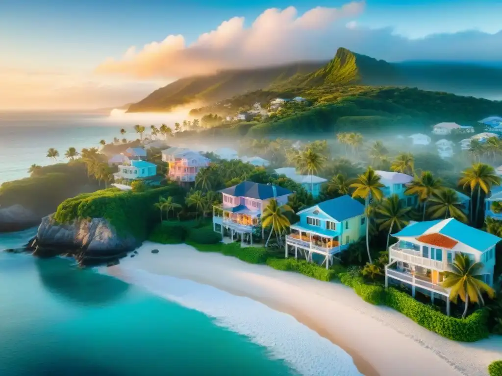 Vista aérea impresionante de comunidad costera al amanecer Las mejores propiedades costeras para mudarse: vista aérea al amanecer de una comunidad costera serena con casas coloridas y palmeras exuberantes
