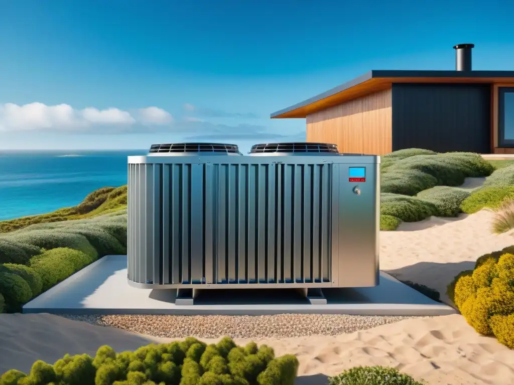 Sistema geotérmico de vanguardia en casa de playa Mejores sistemas calefacción casas mar: bomba de calor geotérmica moderna instalada en casa de playa, armonizando con el entorno natural