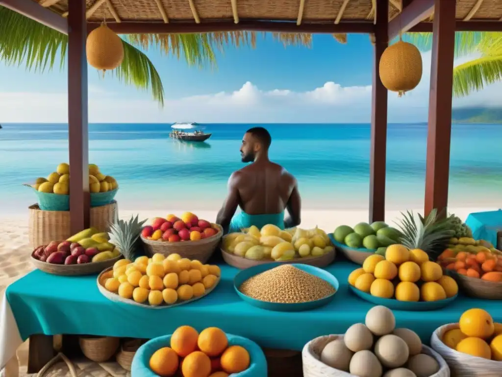 Mercado costero: colores, sabores y tradición junto al mar Un mercado al aire libre vibrante en una costa exótica, con frutas, especias y mariscos coloridos