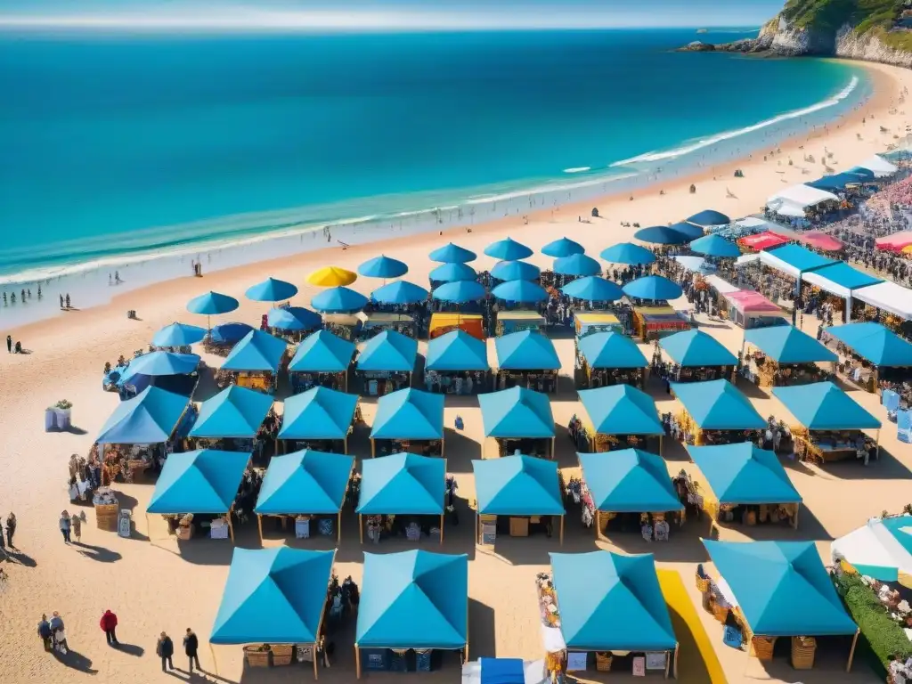 Feria de arte costero: artes locales y paisajes vibrantes Mercado de arte costero global con artistas locales, coloridas obras y entusiastas bajo el sol y el mar