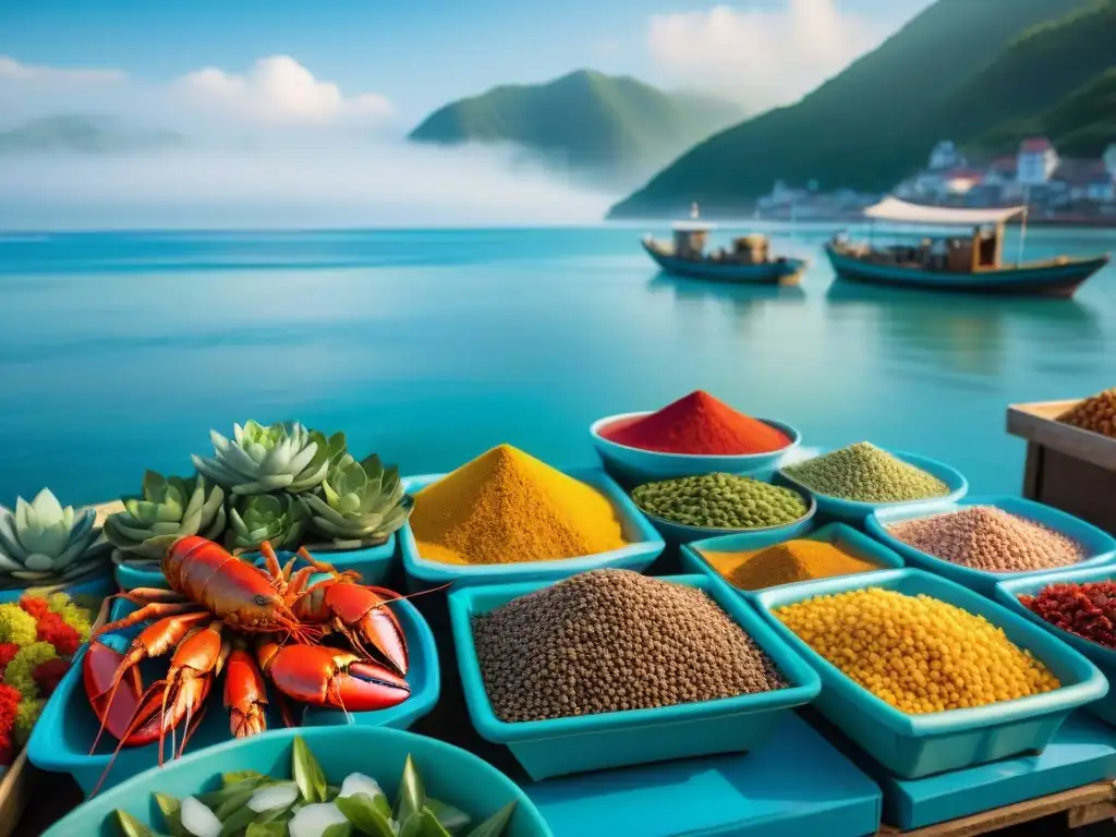 Mercado de mariscos vibrante en una ciudad costera asiática Un mercado bullicioso de mariscos en un pueblo costero asiático, con langostas frescas en hielo y vendedores locales en trajes tradicionales