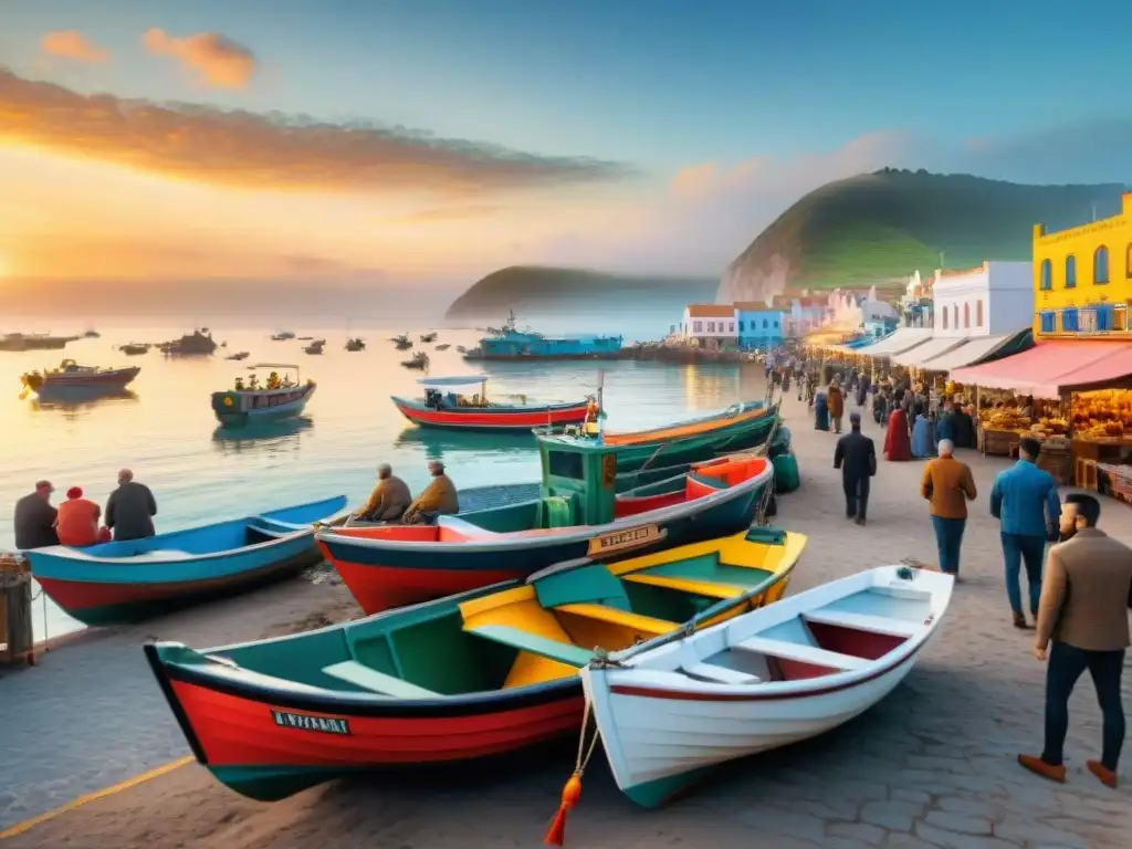Mercado costero al atardecer: pescadores, barcos y gaviotas Mercado costero animado con pescadores locales vendiendo su pesca del día, botes coloridos y atardecer dorado