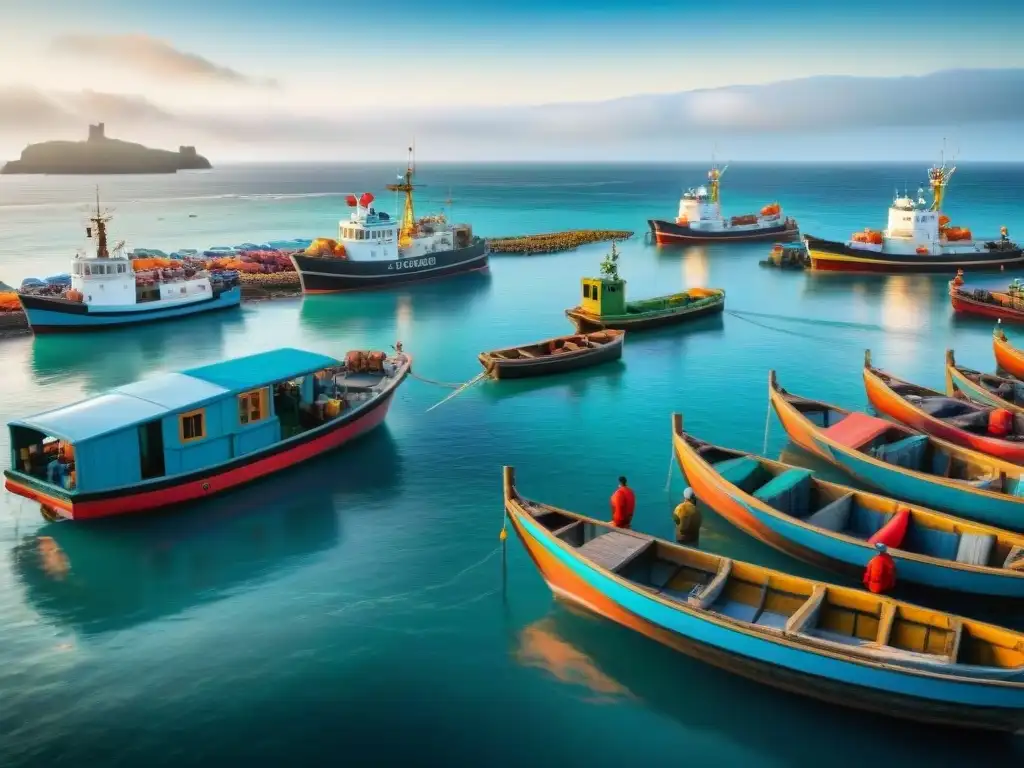 Mercado costero: barcos pesqueros y buques militares en el horizonte Mercado costero bullicioso con barcos pesqueros coloridos descargando su pesca, frente a navíos militares en el horizonte