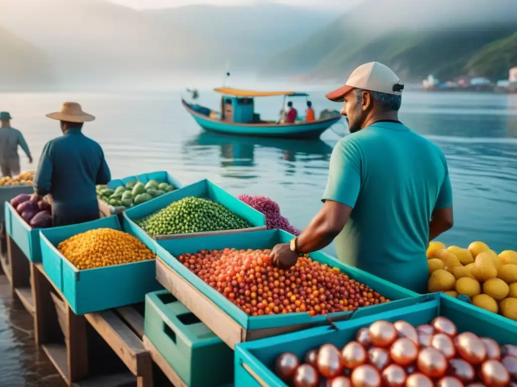 Mercado costero vibrante: colores, tradición y modernidad Mercado costero bullicioso con colores vibrantes, gente diversa y escenas de compra y venta
