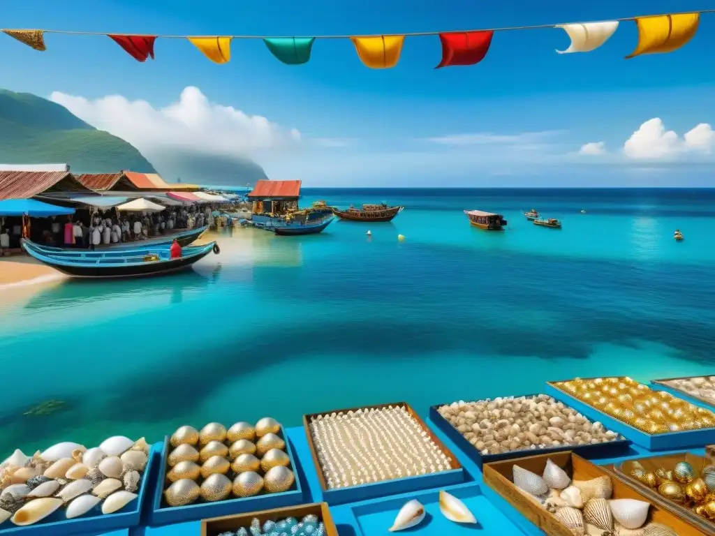 Mercado costero: joyería artesanal y colorida junto al mar Mercado costero bullicioso con coloridas joyas artesanales en propiedades costeras en mercados emergentes