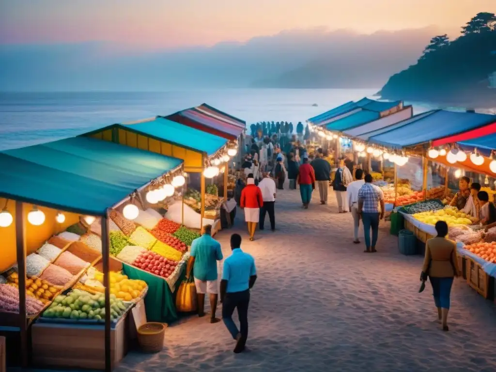 Mercado costero creativo y vibrante al atardecer Un mercado costero bullicioso con diseños innovadores y únicos en puestos y arquitectura