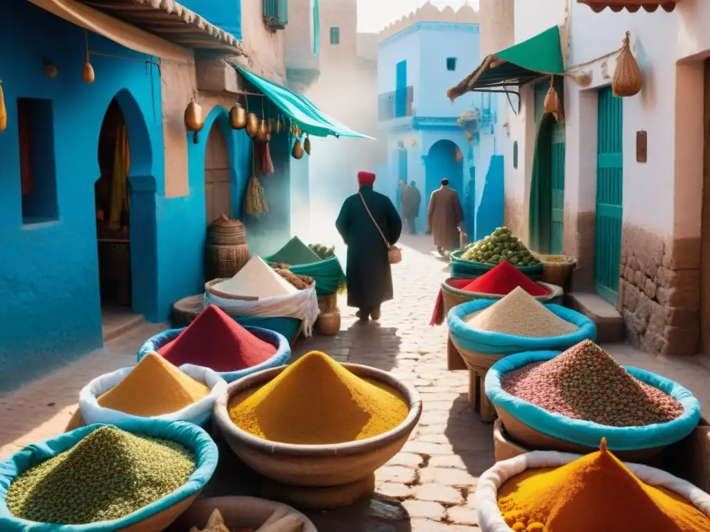 Mercado costero vibrante en Essaouira, Marruecos: especias, artesanías y mariscos frescos Un mercado costero bullicioso en Essaouira, Marruecos, lleno de especias, artesanías y mariscos frescos