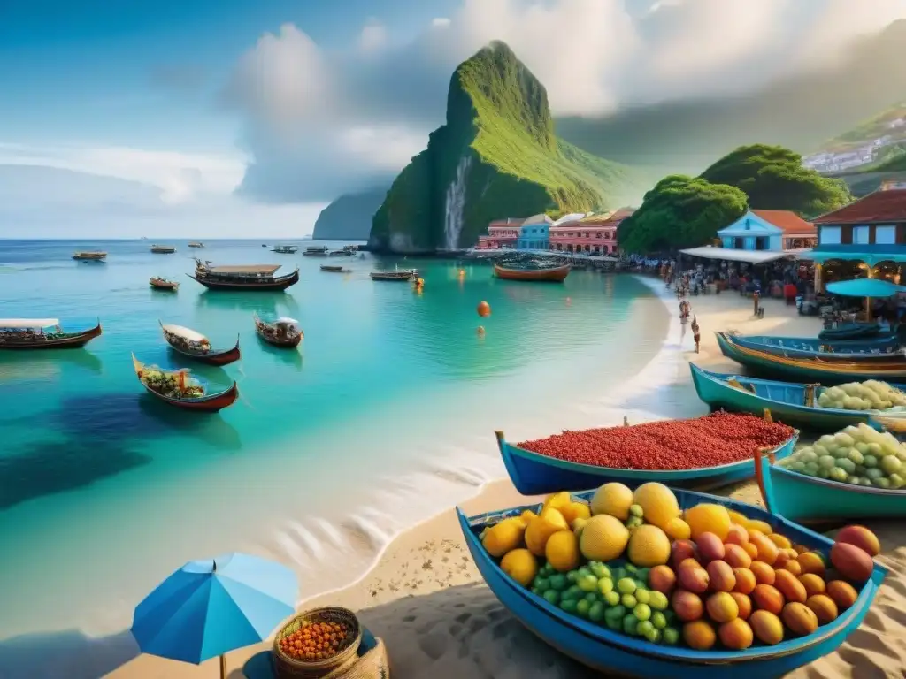 Mercado costero: colores, sabores y tradición en un paraíso turístico Mercado costero bullicioso con frutas coloridas y mariscos frescos, turistas y lugareños interactúan en una escena auténtica