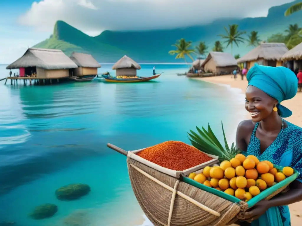 Mercado costero africano: colores y sabores auténticos Un mercado costero africano bullicioso con gastronomía y colores tradicionales
