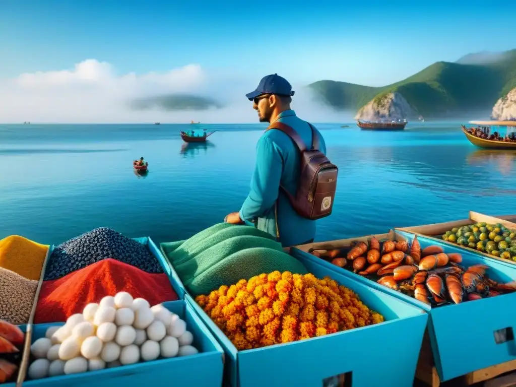 Mercado costero lleno de color y tradición: artesanías y mariscos frescos Un mercado costero bullicioso lleno de artesanías coloridas y mariscos frescos, turistas y vendedores interactuando
