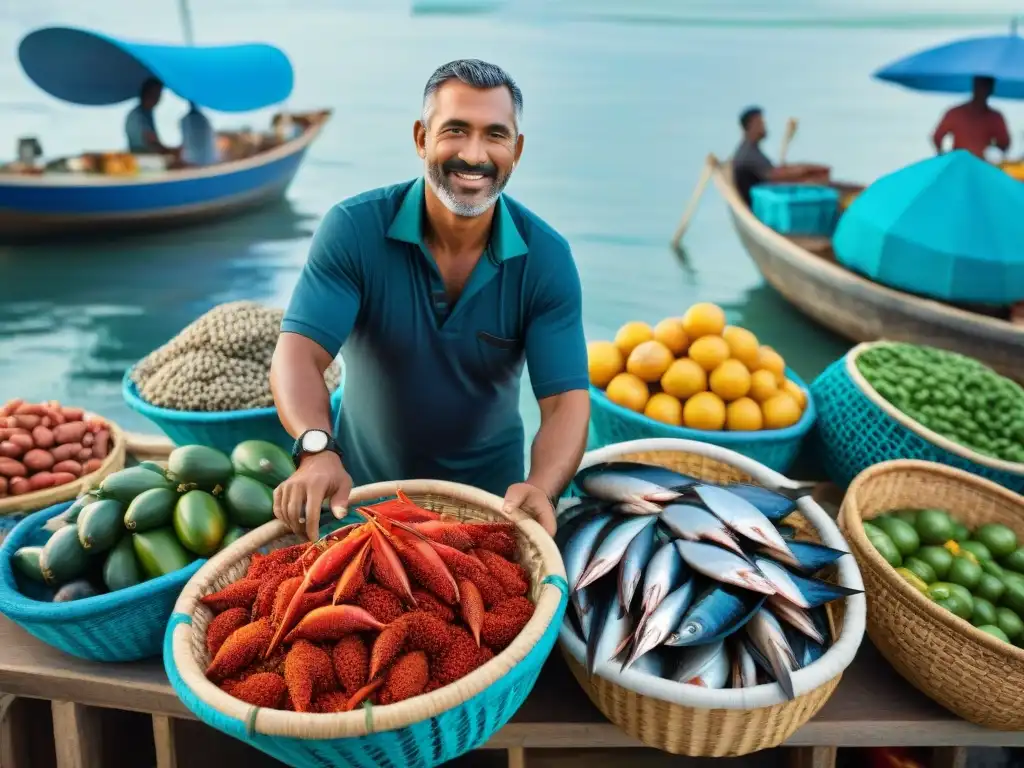 Mercado costero: maravilla culinaria en la mañana Un mercado costero bullicioso al amanecer, con mariscos ultrafresh, frutas tropicales vibrantes y especias locales coloridas